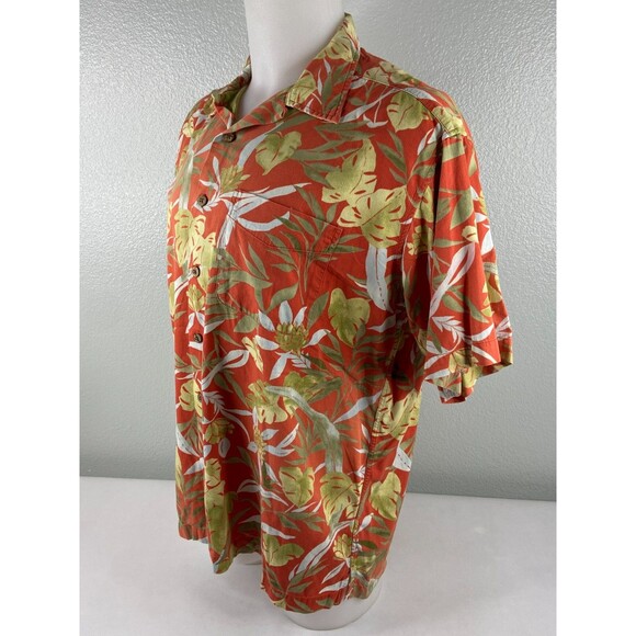 L L Bean Men Medium Tropical Shirt Burnt Orange Floral Palm Casual Beach - Picture 4 of 6
